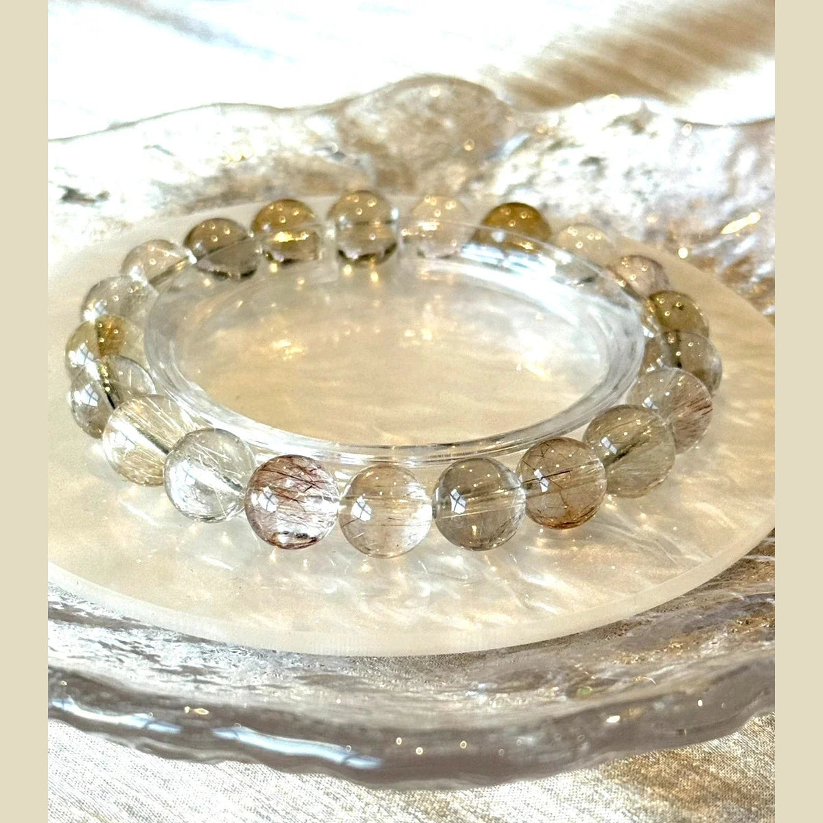 9–9.5 mm Ice Rabbit Hair Quartz Crystal Beaded Bracelet 14-17cm Adjustable