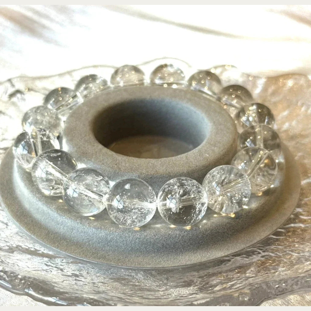 14 mm Natural Clear Azeztulite Quartz Rainbow Play Crystal Bracelet 14-17cm