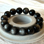 14mm Natural Silver Obsidian Gemstone Beaded Bracelet 14-17cm Adjustable