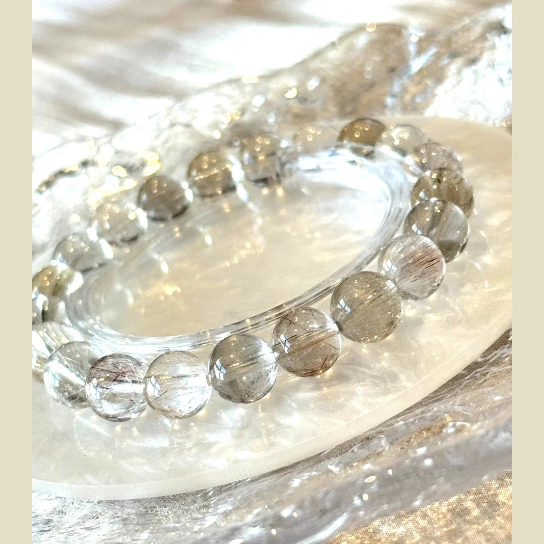 9–9.5 mm Ice Rabbit Hair Quartz Crystal Beaded Bracelet 14-17cm Adjustable