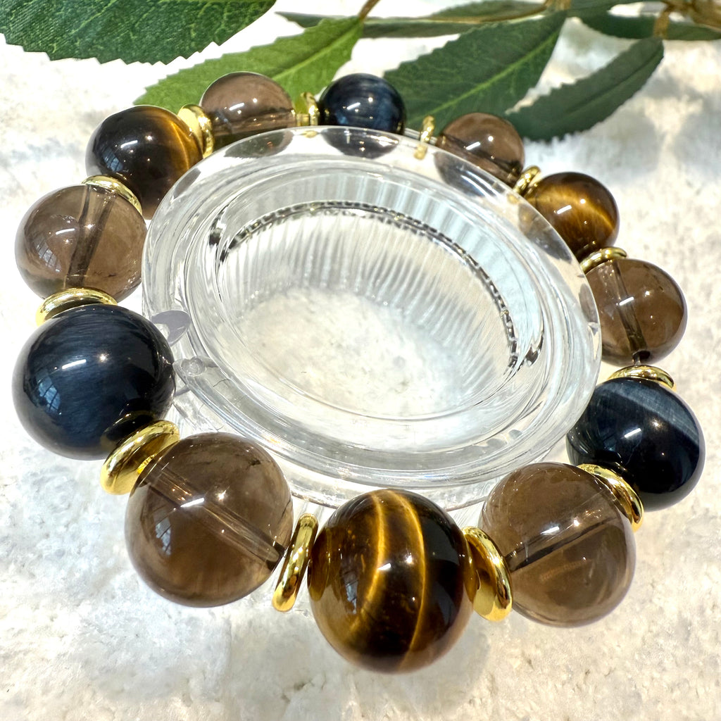 Blue & Yellow Tiger Eye, Smoky Quartz Design Crystal Bracelet – 14mm