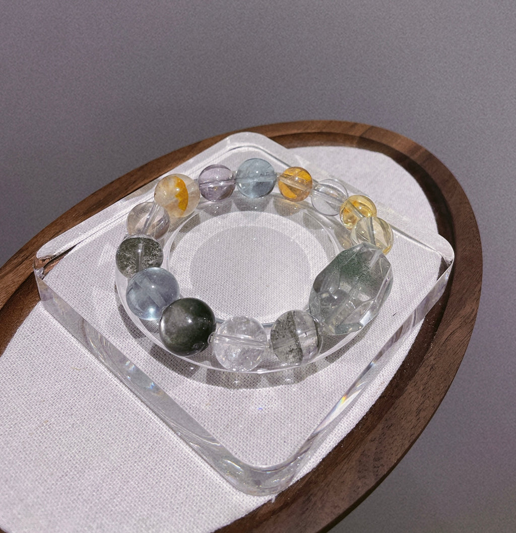 Golden Rutilated Quartz & Elestial Quartz Rainbow-Play Design Bracelet  17mm-18mm