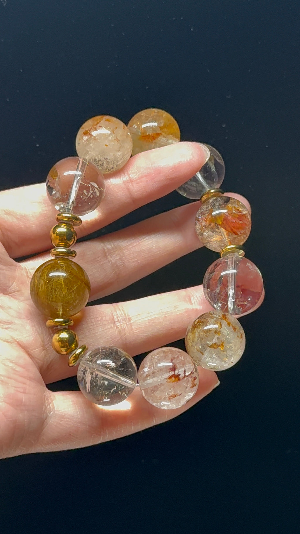 Golden Rutilated Quartz & Elestial Quartz Rainbow-Play Design Bracelet  17mm-18mm