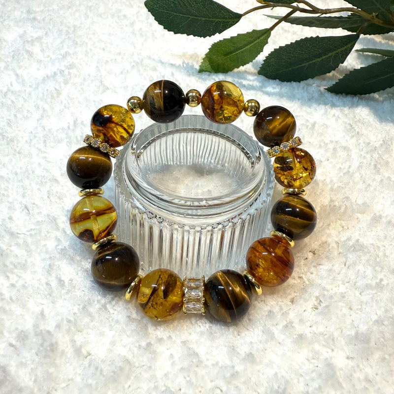 Piebald Amber & Tiger Eye 17cm Crystal Bracelet 14mm