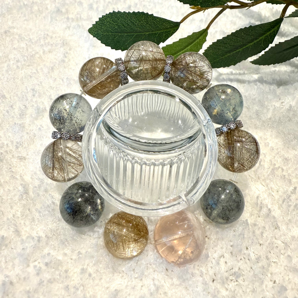 Aquamarine & Silver Rutile Quartz Design Bracelet, 16-16.8mm & 18.5mm