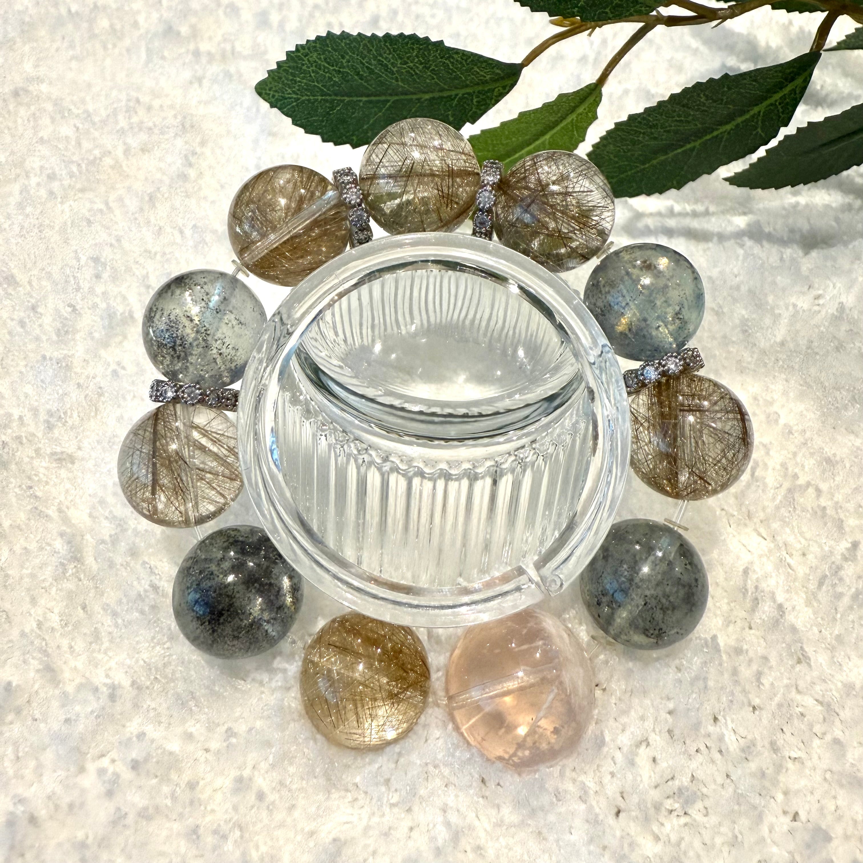 Aquamarine & Silver Rutile Quartz Design Bracelet, 16-16.8mm & 18.5mm