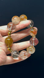 Golden Rutilated Quartz & Elestial Quartz Rainbow-Play Design Bracelet  17mm-18mm