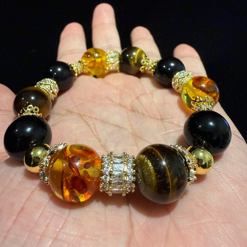 Piebald Amber, Tiger Eye & Obsidian Crystal Bracelet – 17cm (14mm)