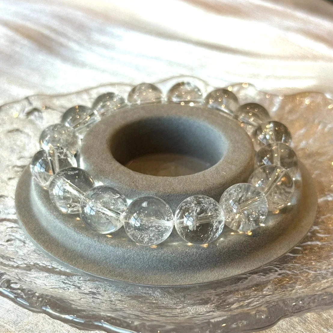 14 mm Natural Clear Azeztulite Quartz Rainbow Play Crystal Bracelet 14-17cm