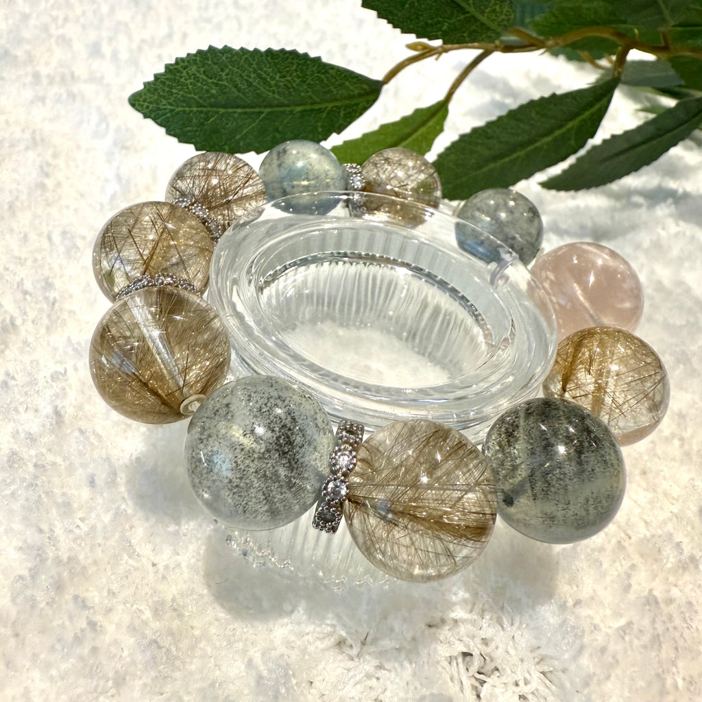 Aquamarine & Silver Rutile Quartz Design Bracelet, 16-16.8mm & 18.5mm