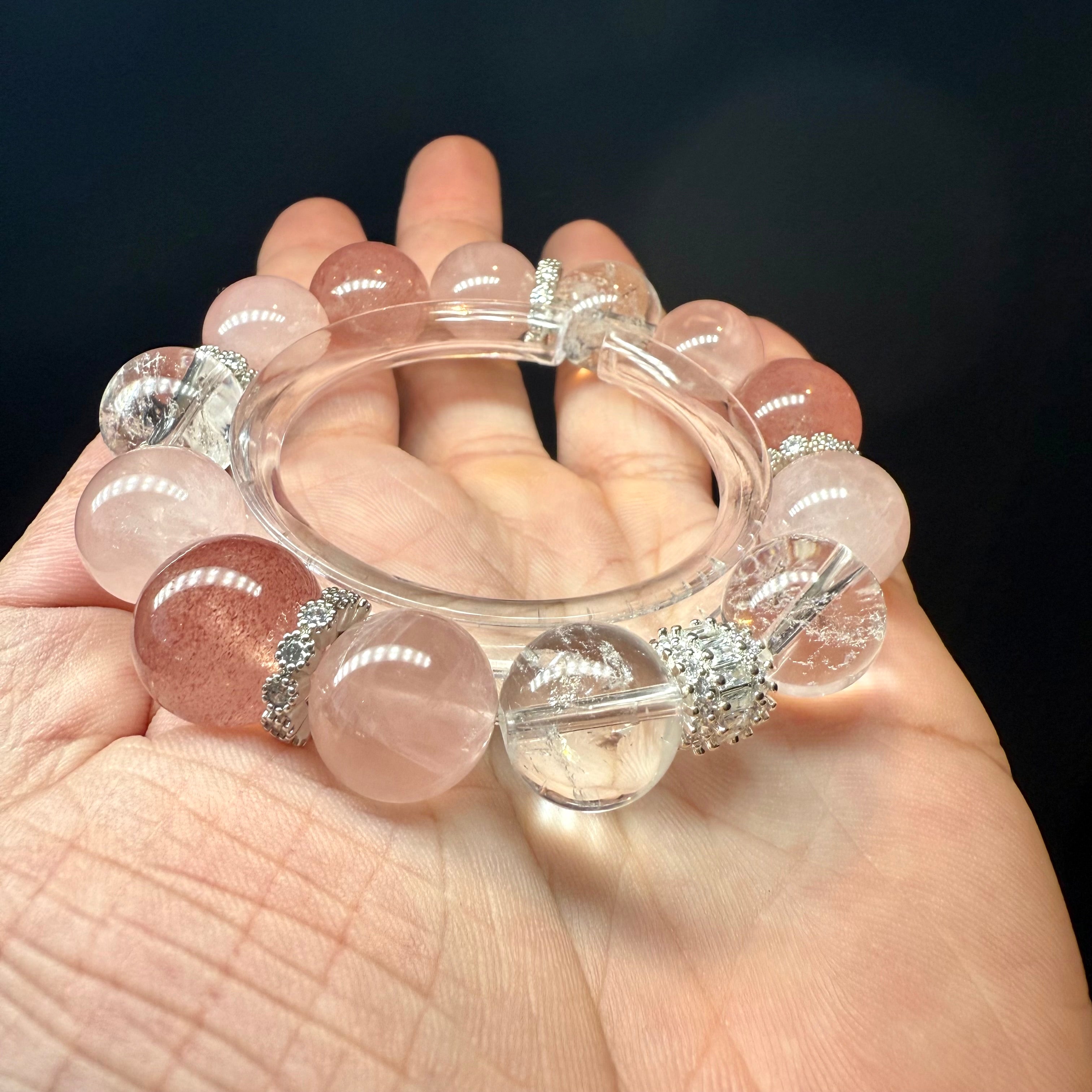 Rose Quartz, Strawberry Quartz & Azeztulite Rainbow Play 16cm Crystal Bracelet, 14mm