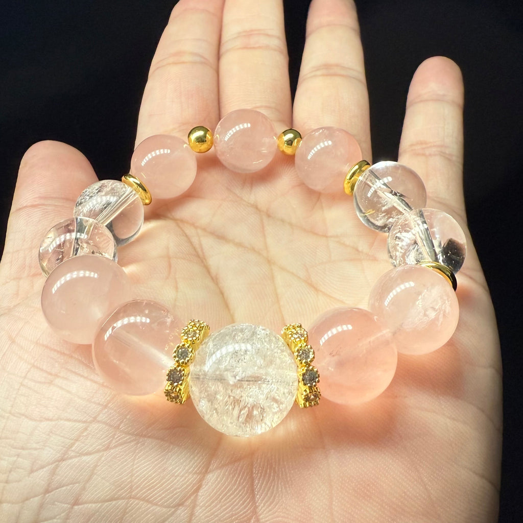 Rose Quartz & Azeztulite Design Crystal Bracelet, 14mm & 15.5mm