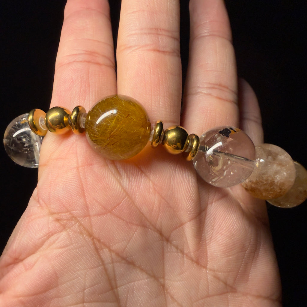 Golden Rutilated Quartz & Elestial Quartz Rainbow-Play Design Bracelet  17mm-18mm
