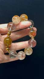 Golden Rutilated Quartz & Elestial Quartz Rainbow-Play Design Bracelet  17mm-18mm