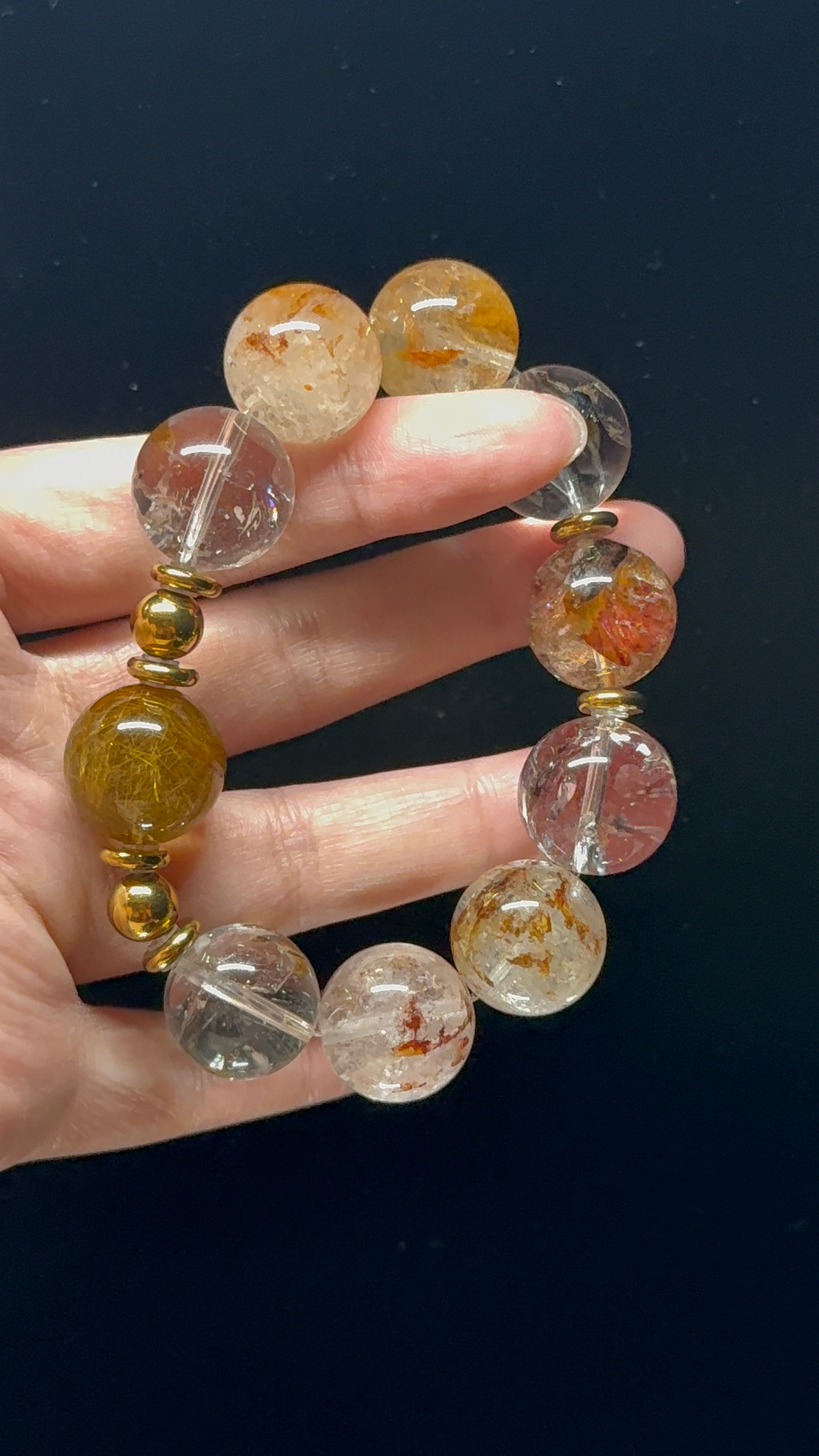 Golden Rutilated Quartz & Elestial Quartz Rainbow-Play Design Bracelet  17mm-18mm