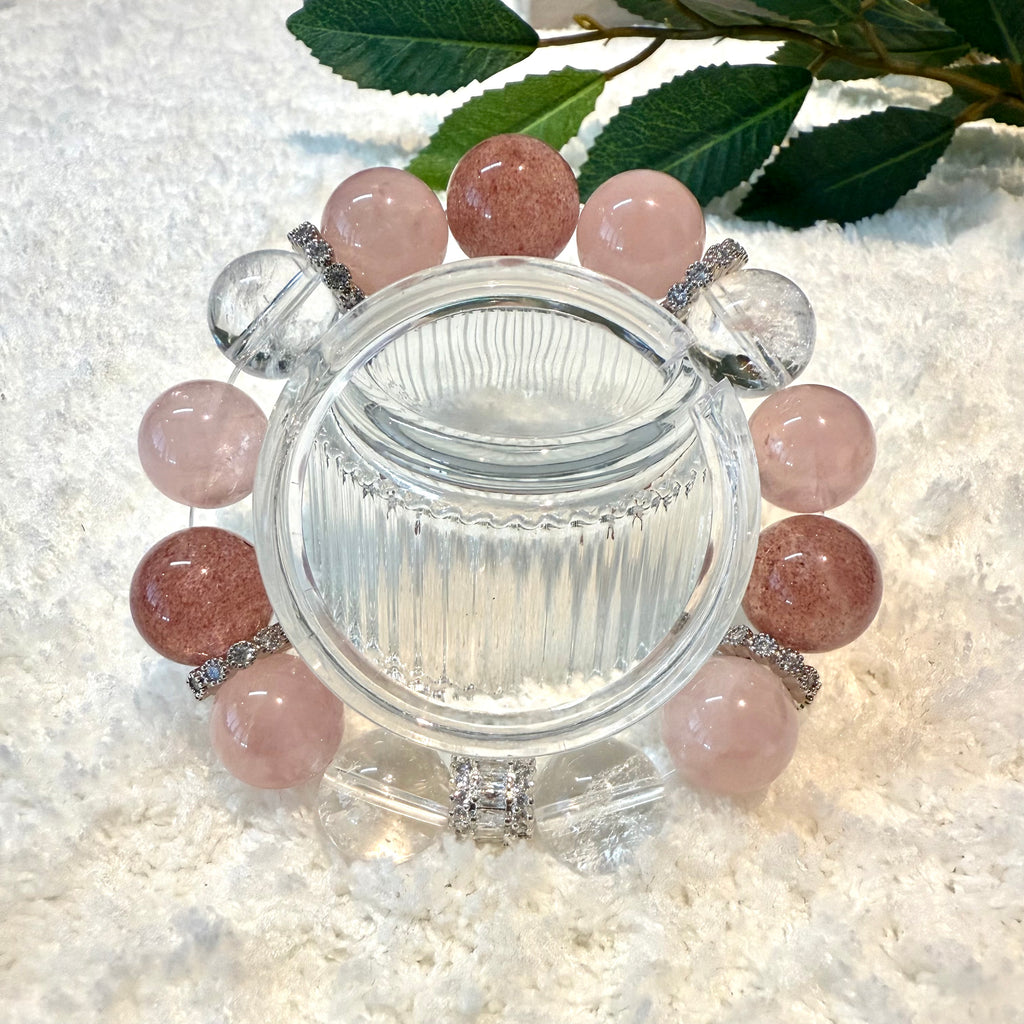 Rose Quartz, Strawberry Quartz & Azeztulite Rainbow Play 16cm Crystal Bracelet, 14mm
