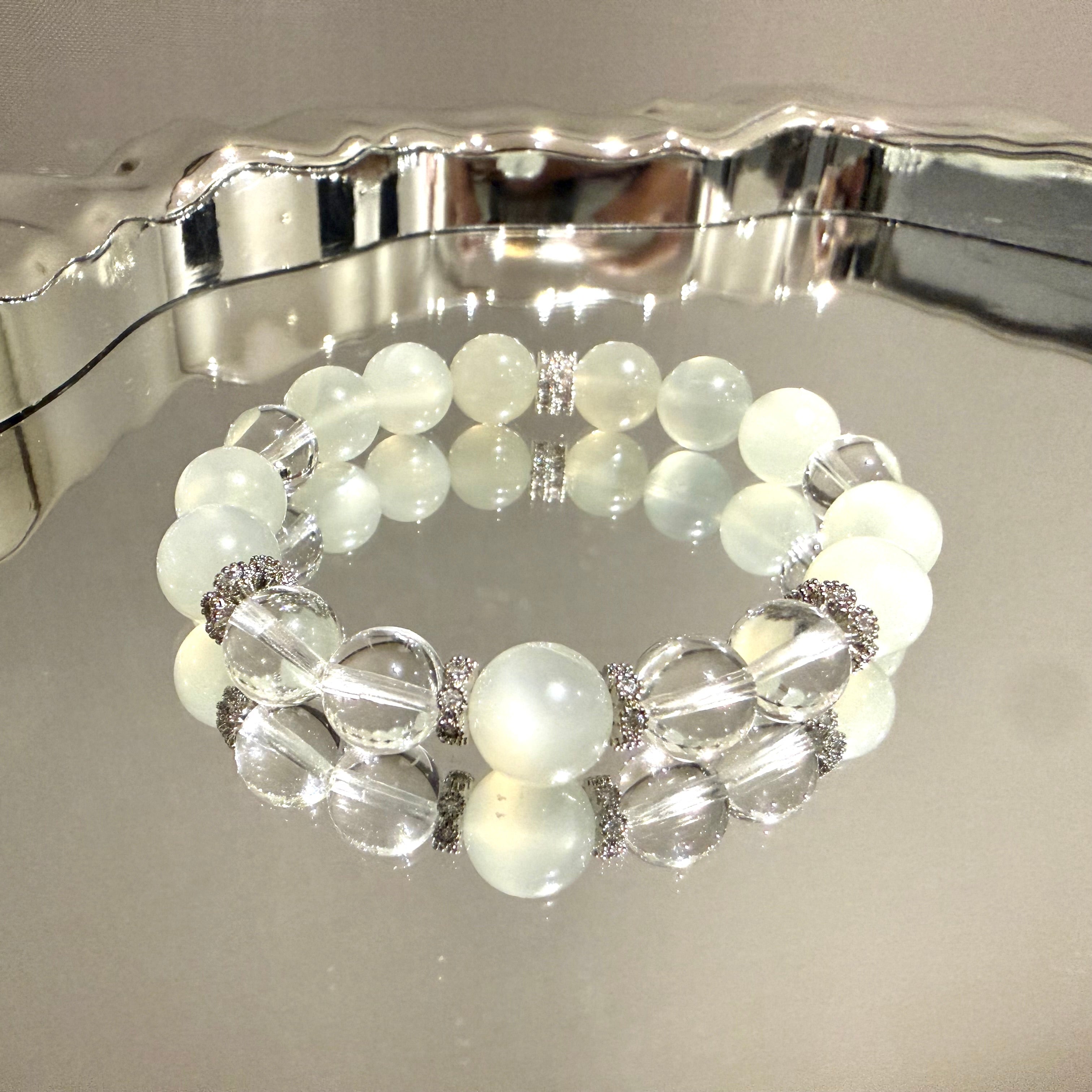 White Moonstone & Clear Quartz 15cm Design Bracelet, 10mm