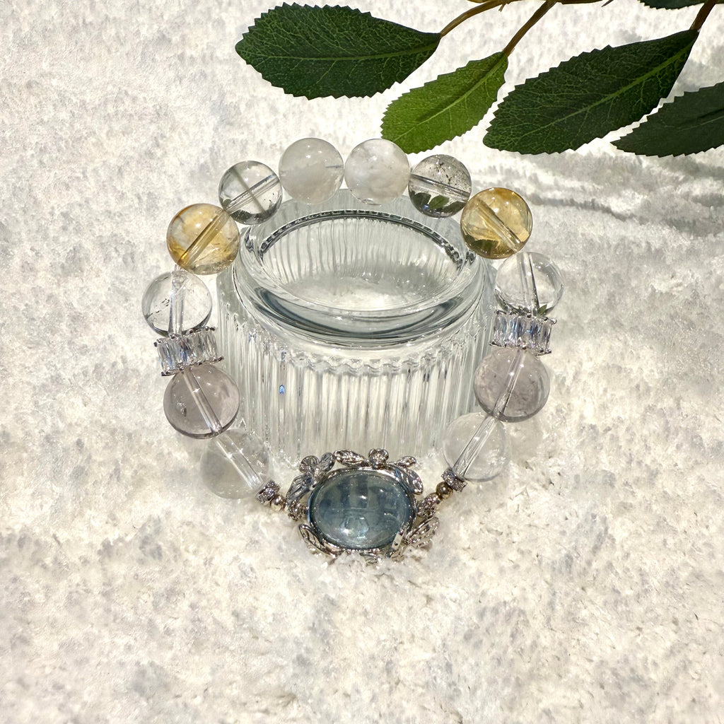 Aquamarine, Amethyst, Yellow & Clear Azeztulite, Green Garden, Snow Phantom Quartz 16cm Bracelet, 11.5-12.5mm