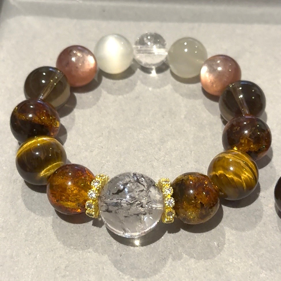 Black Herkimer • Amber • Tiger Eye • Smoky Quartz • Moonstone • Lepidolite 16cm Design Bracelet