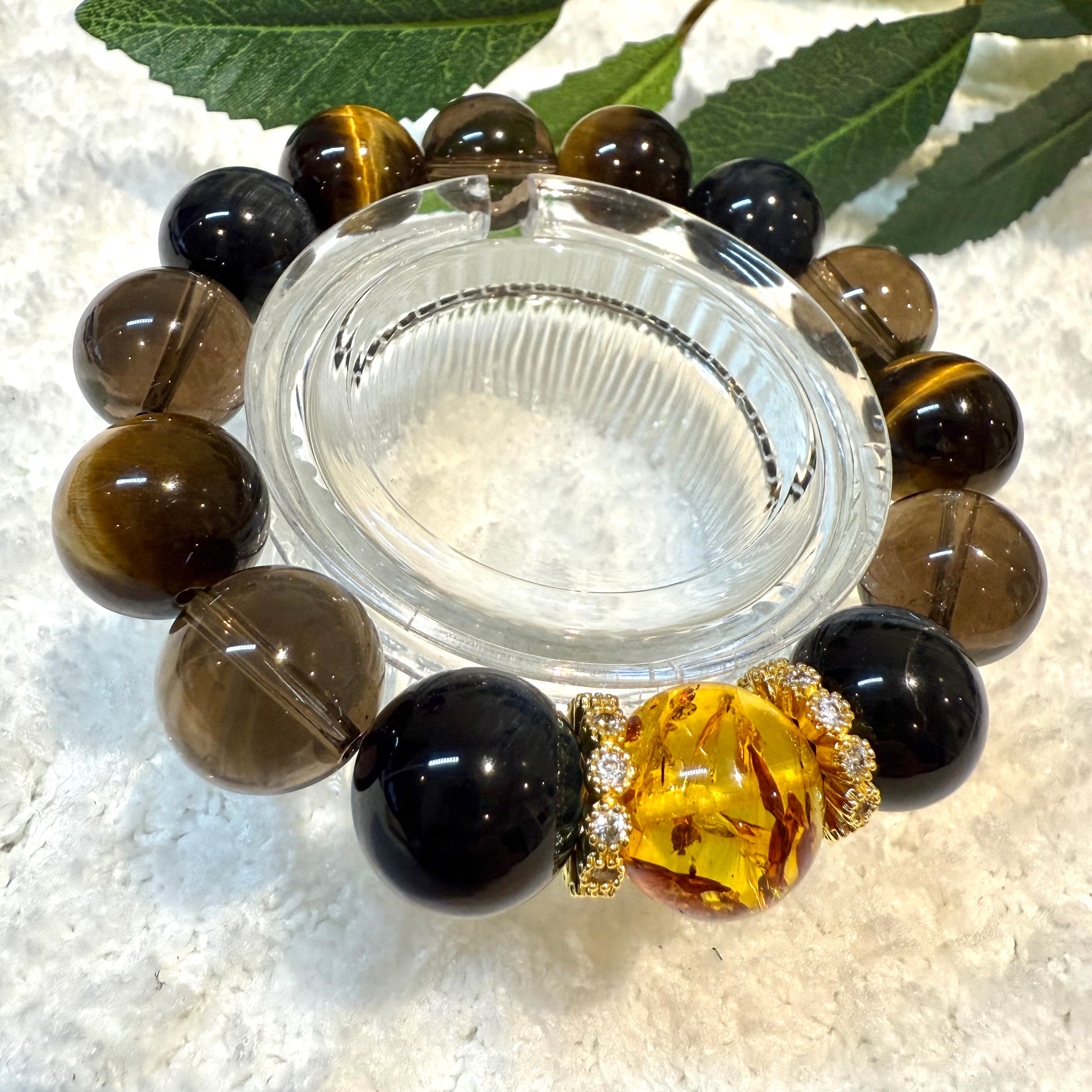 Blue & Yellow Tiger Eye, Smoky Quartz and Piebald Amber Design Crystal Bracelet, 14mm