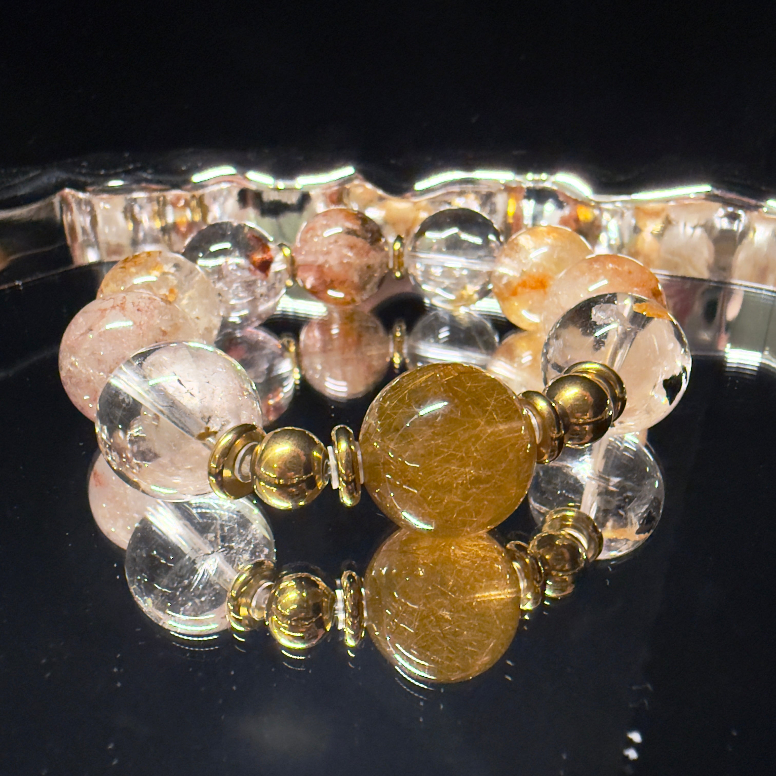 Golden Rutilated Quartz & Elestial Quartz Rainbow-Play Design Bracelet  17mm-18mm