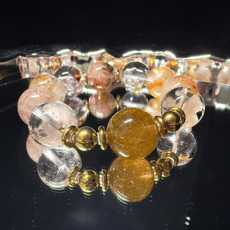 Golden Rutilated Quartz & Elestial Quartz Rainbow-Play Design Bracelet  17mm-18mm