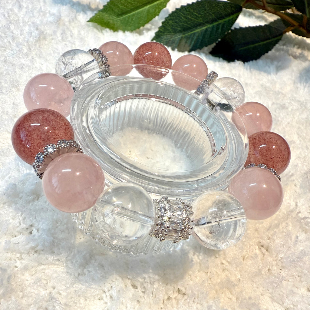 Rose Quartz, Strawberry Quartz & Azeztulite Rainbow Play 16cm Crystal Bracelet, 14mm