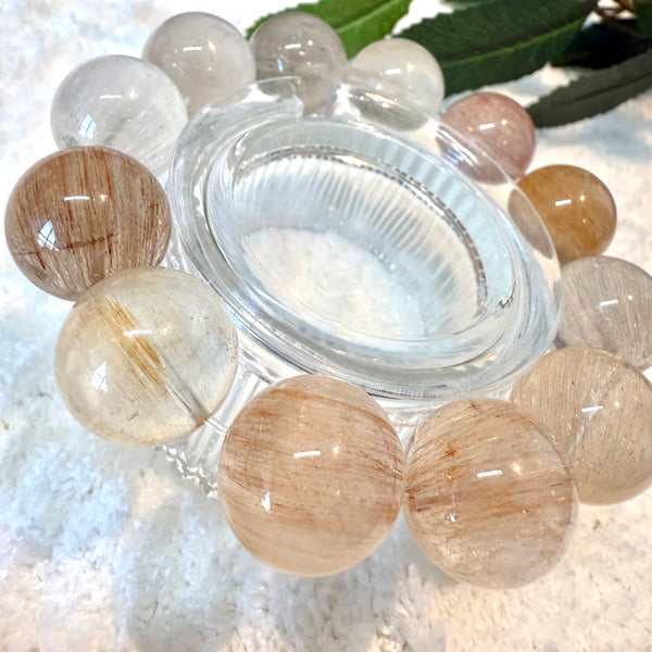 Candy Rabbit Hair Quartz with Cat Eyes Crystal Bracelet, 16.5 -17mm