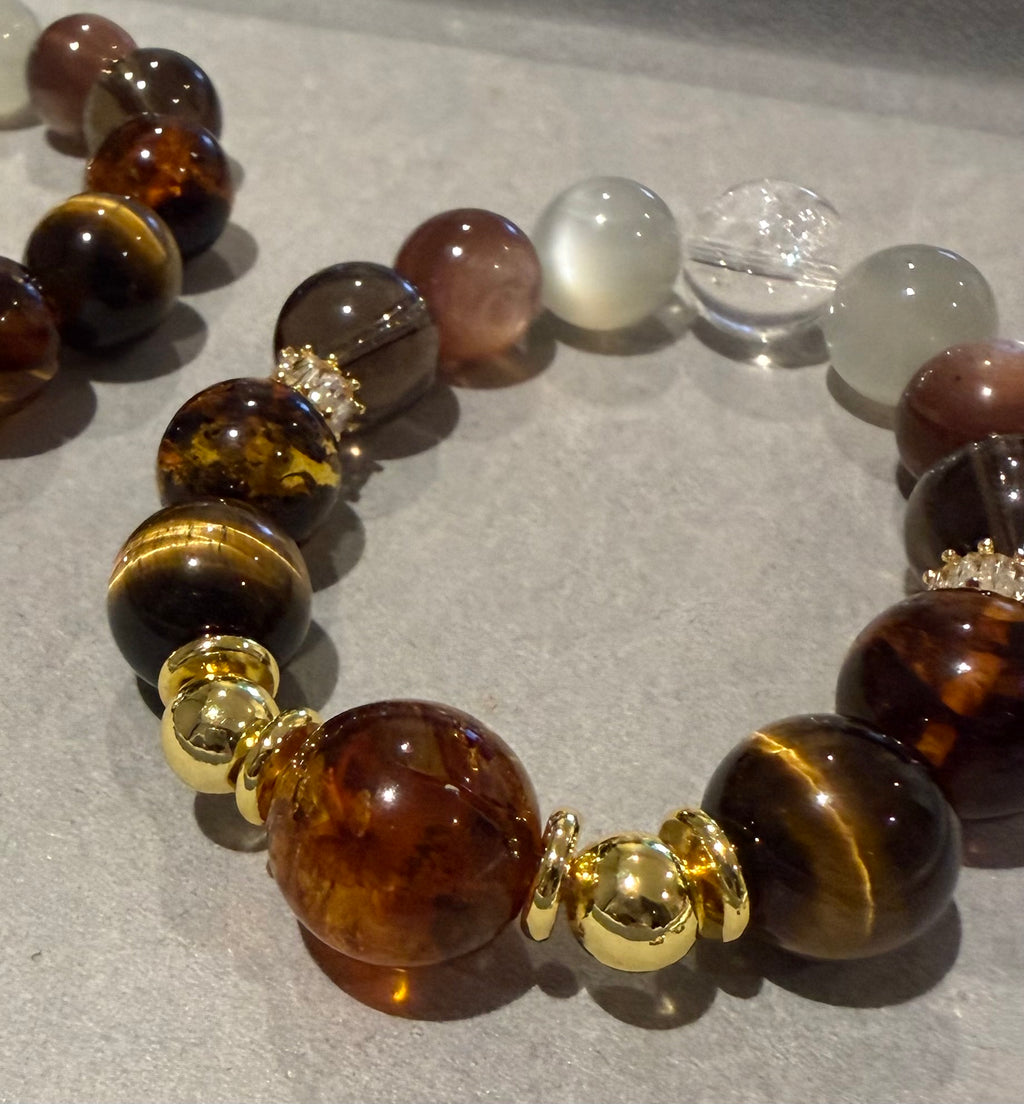 Amber • Tiger Eye • Smoky Quartz • Moonstone • Azeztulite 16cm Design Bracelet