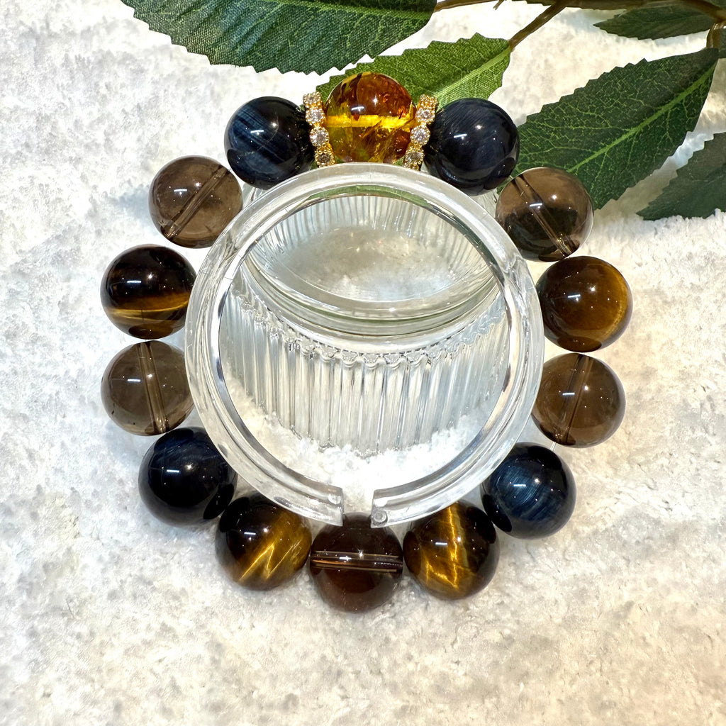 Blue & Yellow Tiger Eye, Smoky Quartz and Piebald Amber Design Crystal Bracelet, 14mm