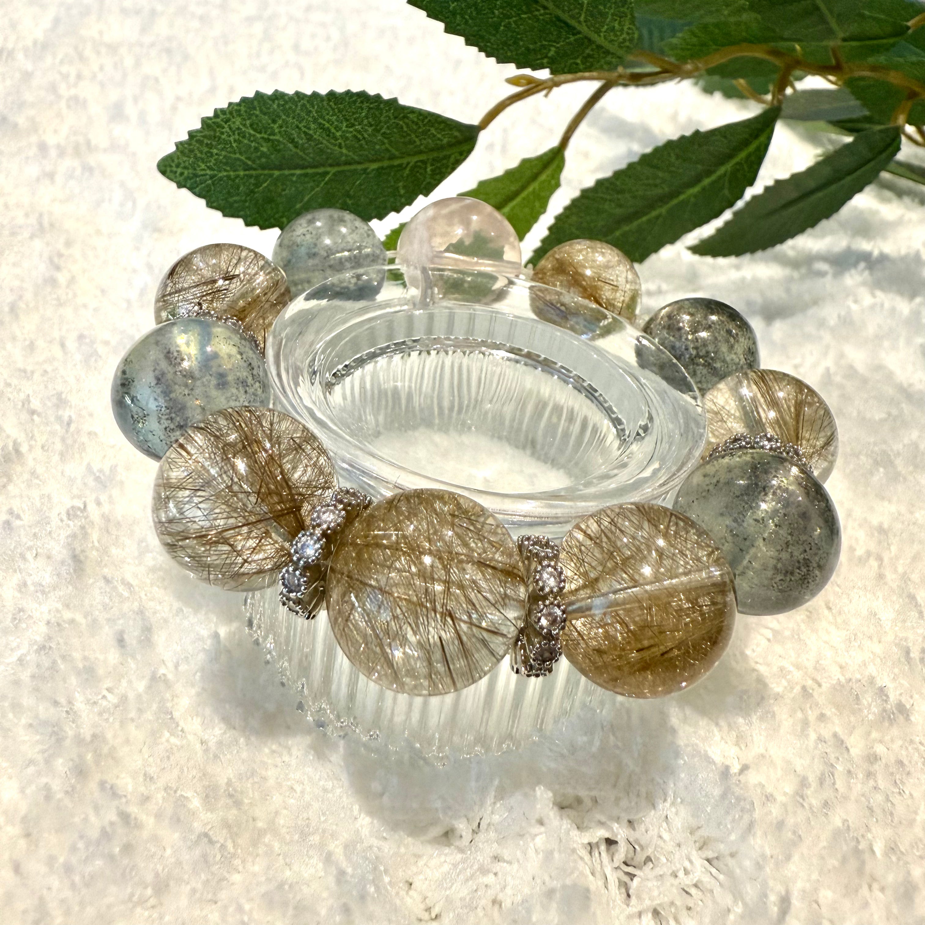 Aquamarine & Silver Rutile Quartz Design Bracelet, 16-16.8mm & 18.5mm