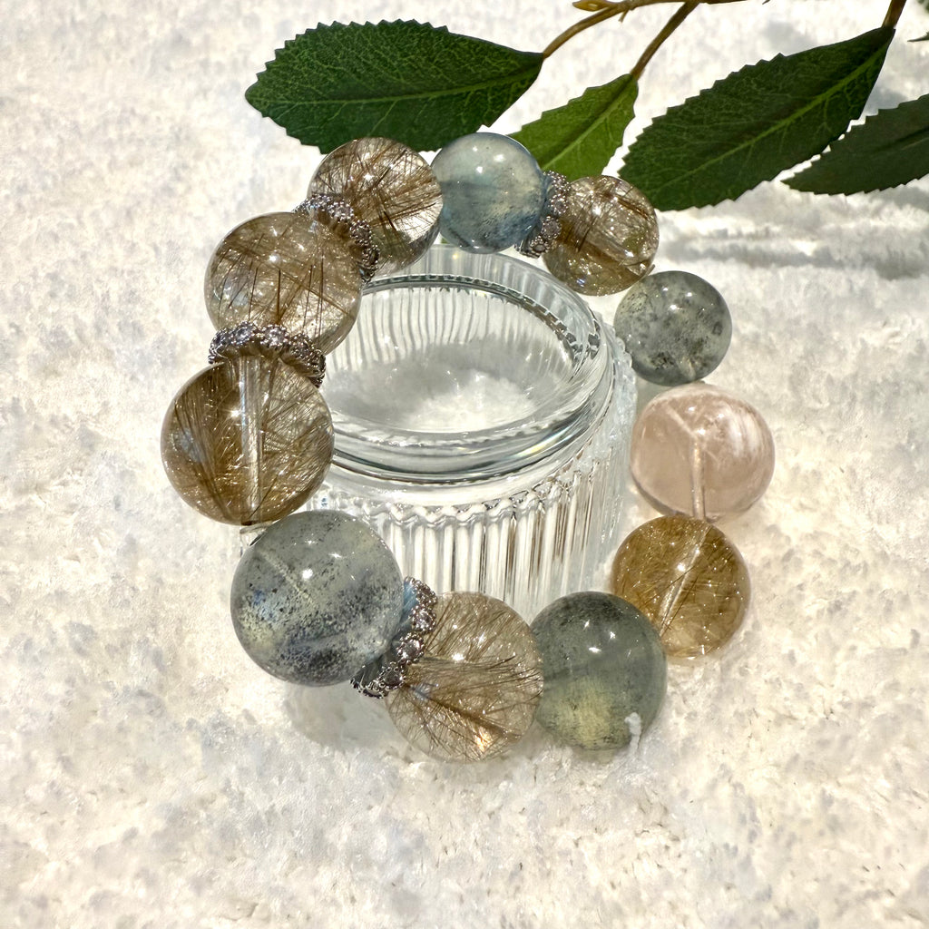 Aquamarine & Silver Rutile Quartz Design Bracelet, 16-16.8mm & 18.5mm