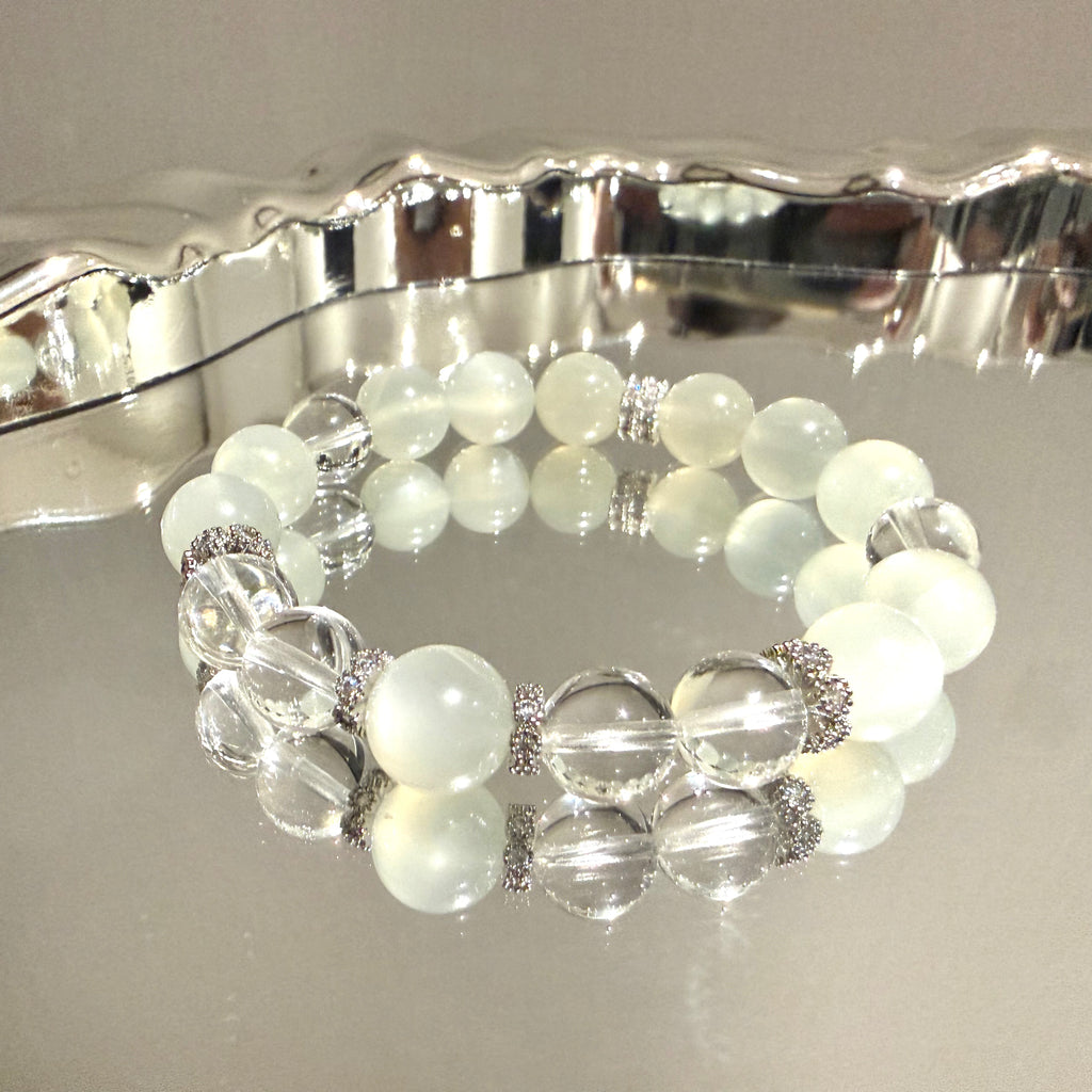 White Moonstone & Clear Quartz 15cm Design Bracelet, 10mm
