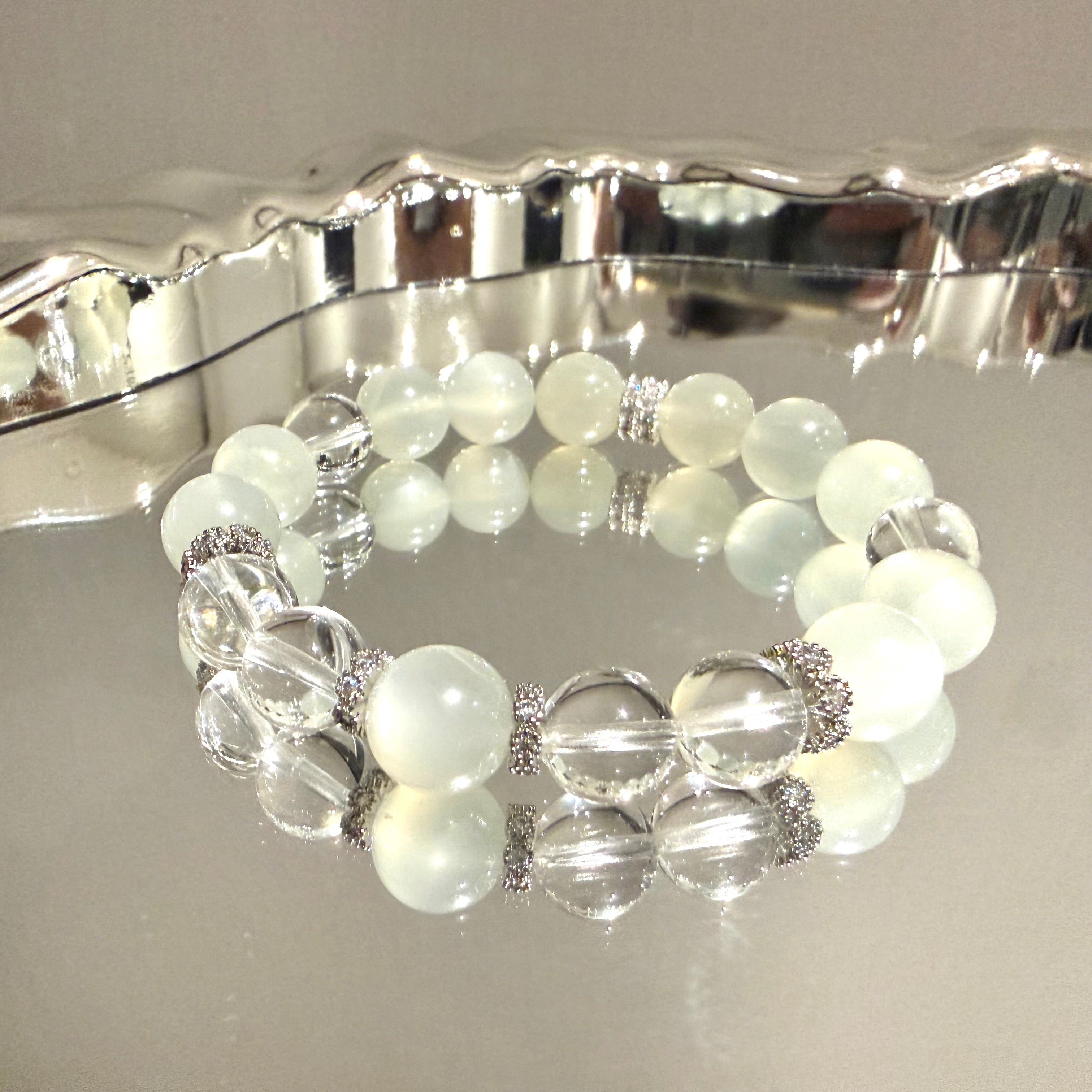 White Moonstone & Clear Quartz 15cm Design Bracelet, 10mm