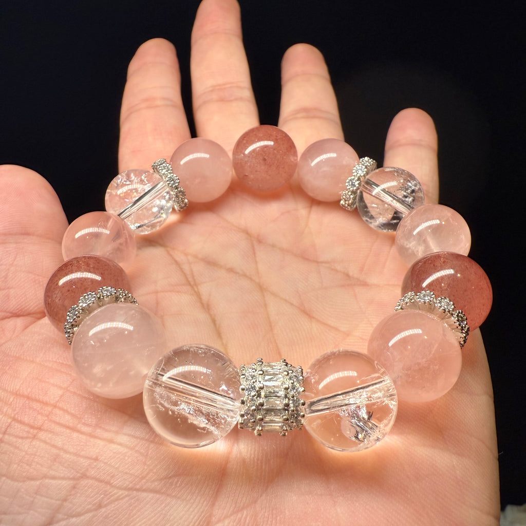 Rose Quartz, Strawberry Quartz & Azeztulite Rainbow Play 16cm Crystal Bracelet, 14mm