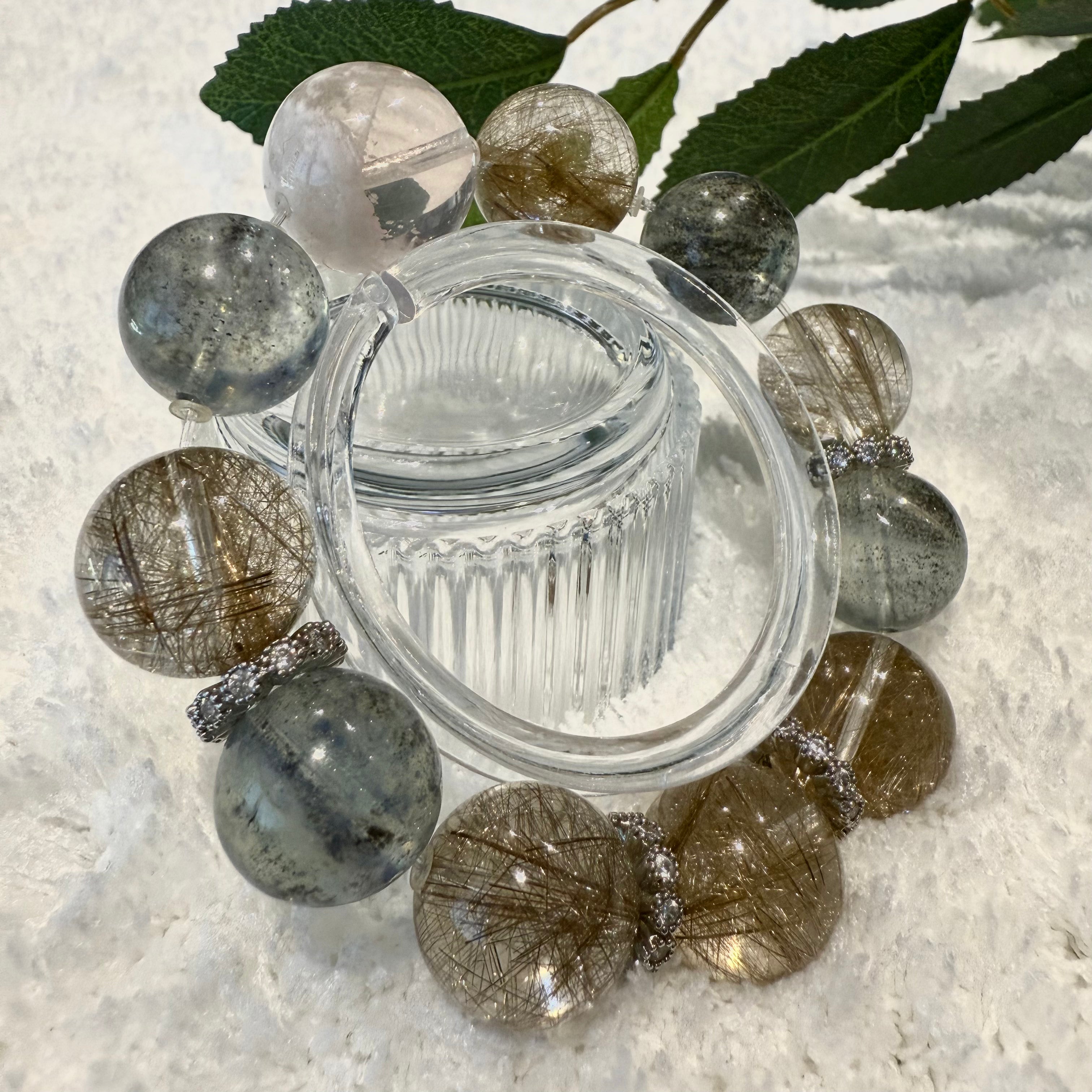 Aquamarine & Silver Rutile Quartz Design Bracelet, 16-16.8mm & 18.5mm