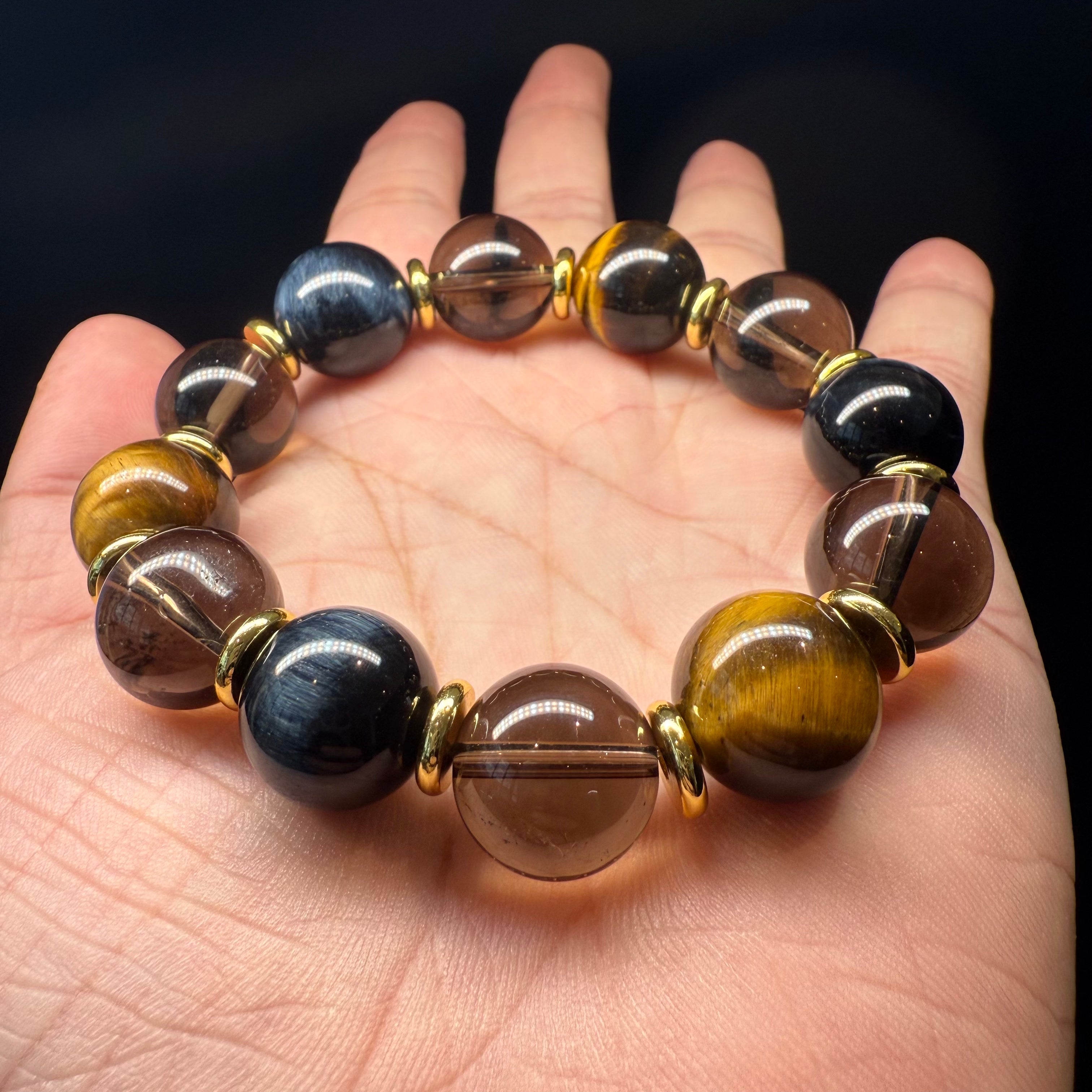 Blue & Yellow Tiger Eye, Smoky Quartz Design Crystal Bracelet – 14mm
