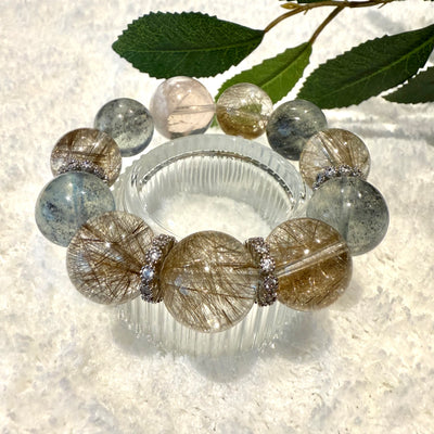 Aquamarine & Silver Rutile Quartz Design Bracelet, 16-16.8mm & 18.5mm