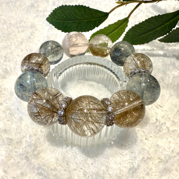 Aquamarine & Silver Rutile Quartz Design Bracelet, 16-16.8mm & 18.5mm