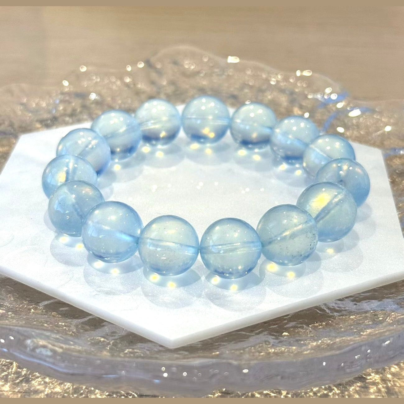 12.3-13mm Aquamarine Light Blue Crystal Beaded Bracelet, Adjustable 14-17cm
