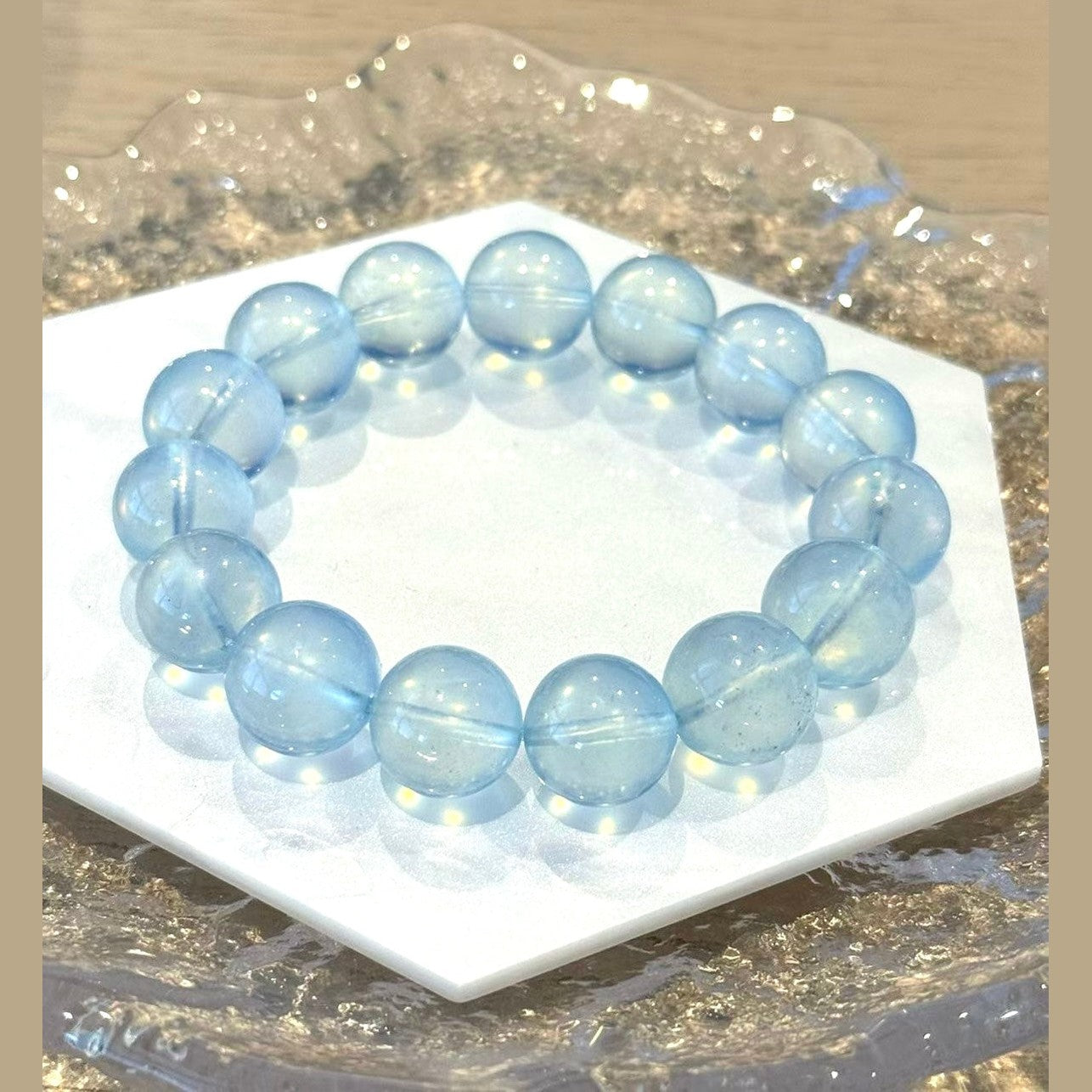 12.3-13mm Aquamarine Light Blue Crystal Beaded Bracelet, Adjustable 14-17cm