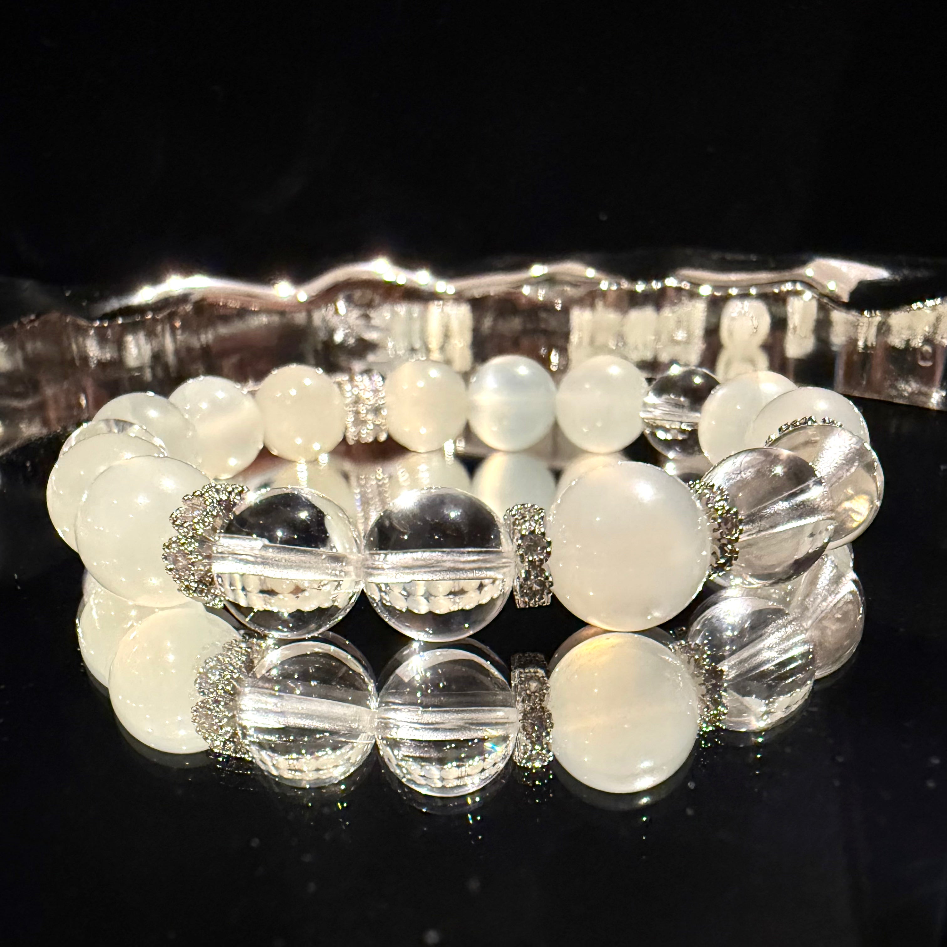 White Moonstone & Clear Quartz 15cm Design Bracelet, 10mm