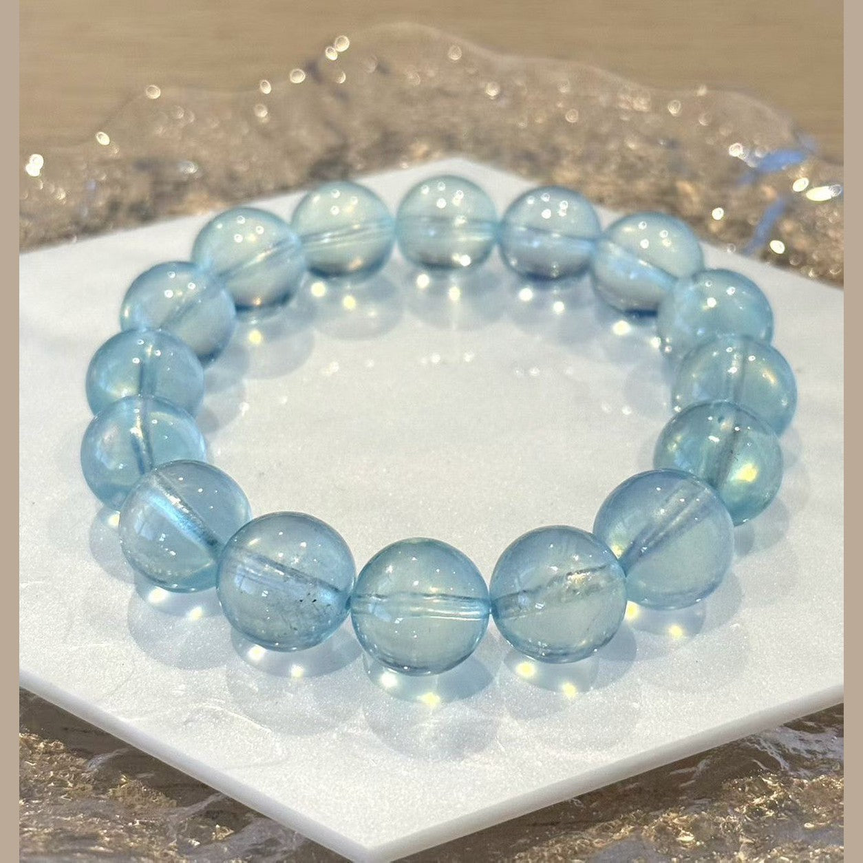 11-11.5mm Aquamarine Light Blue Crystal Beaded Bracelet, Adjustable 14-17cm