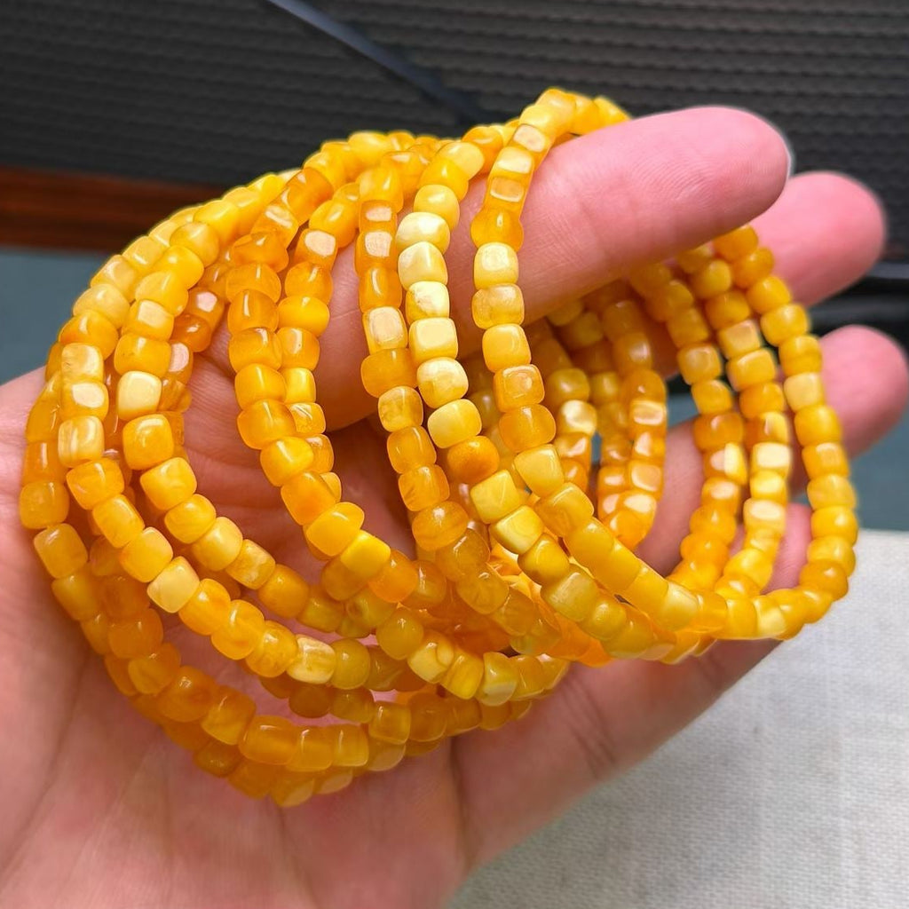Beeswax Amber Cube Bead Bracelet – 5–6mm