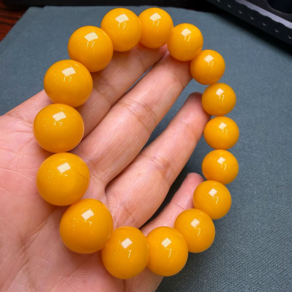Golden Yellow Beeswax Amber Round Bead Bracelet – 13mm+