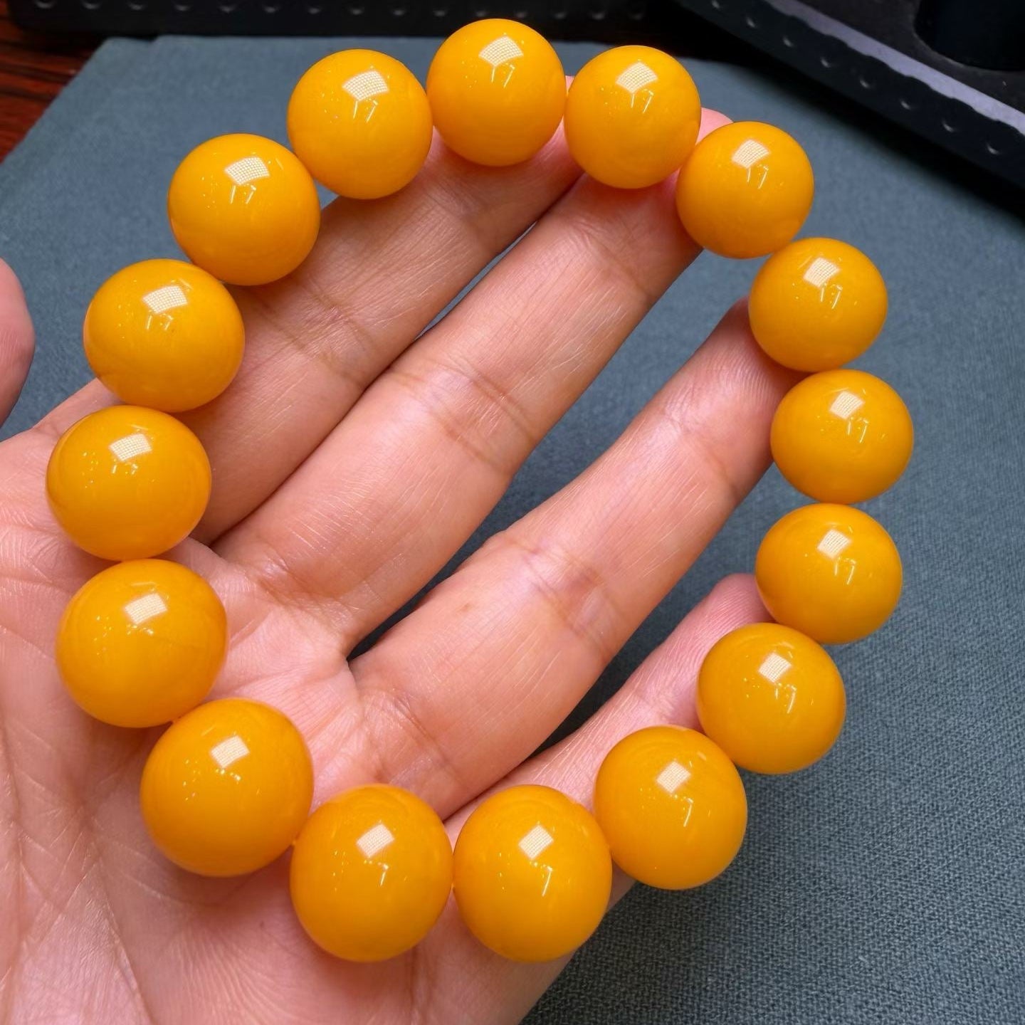Golden Yellow Beeswax Amber Round Bead Bracelet – 13mm+