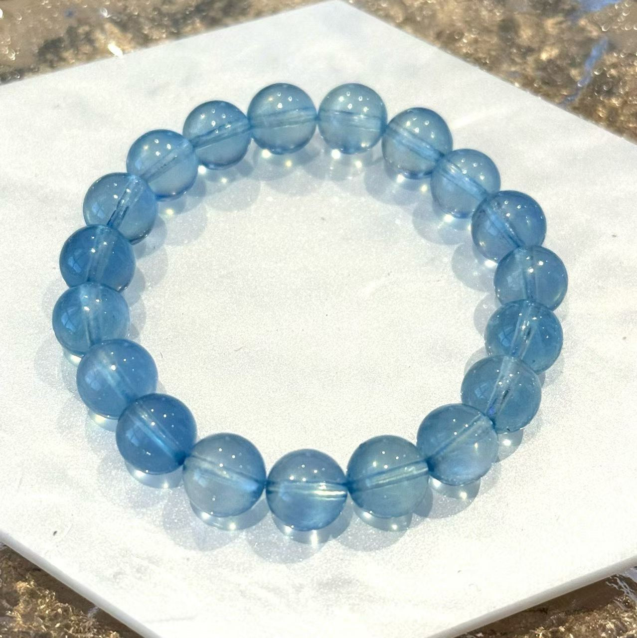 9.5 -10 mm Premium Aquamarine Blue Crystal Beaded Bracelet, Adjustable 14-17 cm