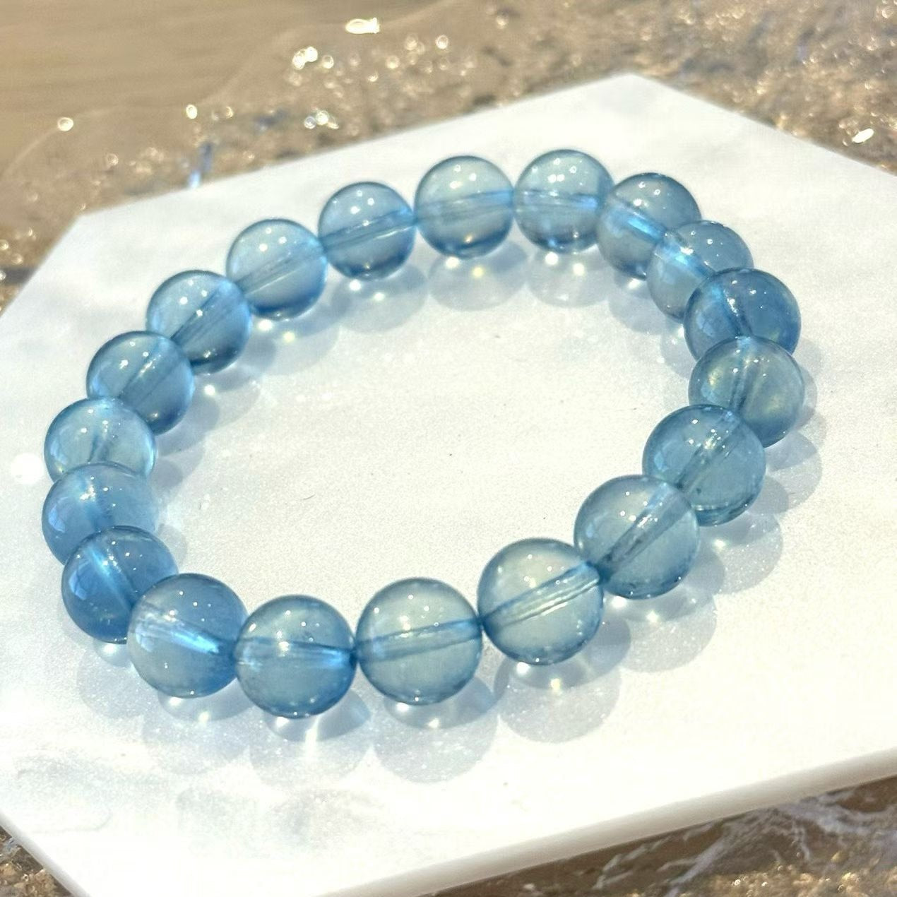 9.5 -10 mm Premium Aquamarine Blue Crystal Beaded Bracelet, Adjustable 14-17 cm