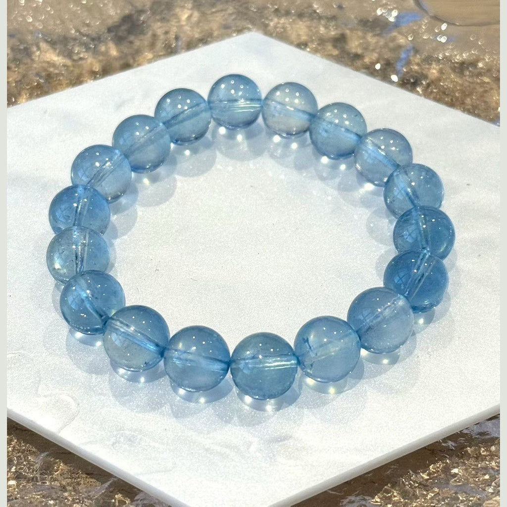 8.5 -9.0 mm Premium Aquamarine Blue Crystal Beaded Bracelet, Adjustable 14-17 cm