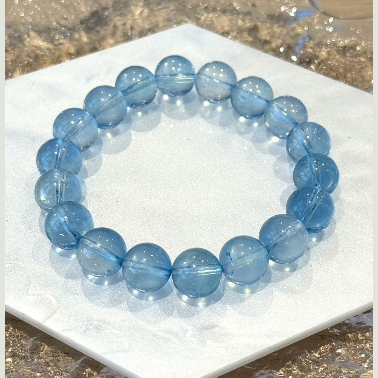 8.5 -9.0 mm Premium Aquamarine Blue Crystal Beaded Bracelet, Adjustable 14-17 cm